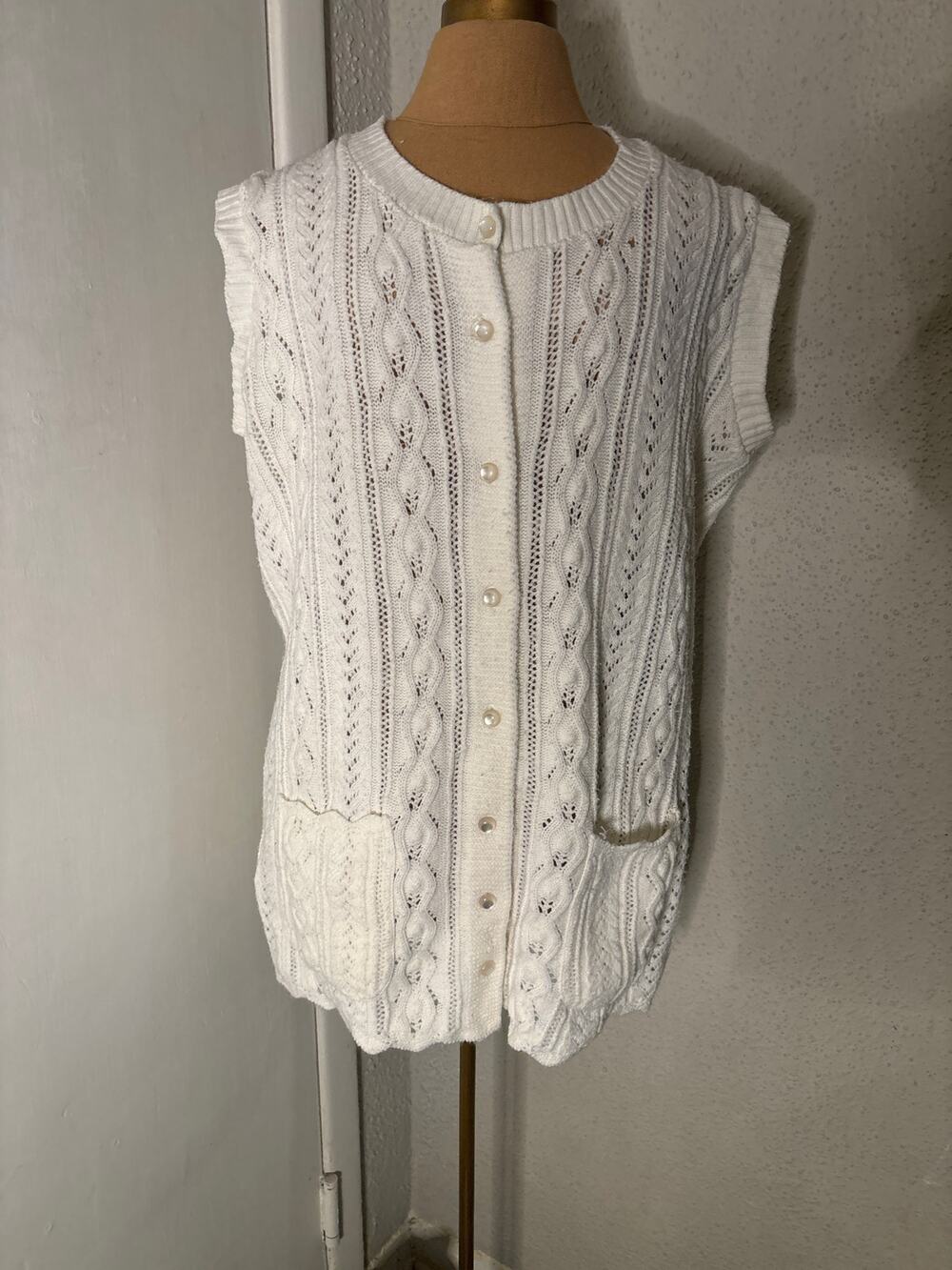 Cream Button Up Cable Knit Sweater Vest Costal Grandma Fisherman No Size Tag